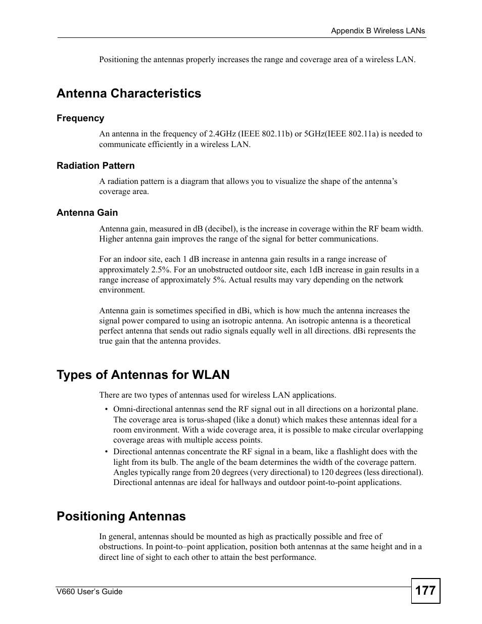 Antenna characteristics, Types of antennas for wlan, Positioning antennas | ZyXEL Communications V660 User Manual | Page 177 / 192