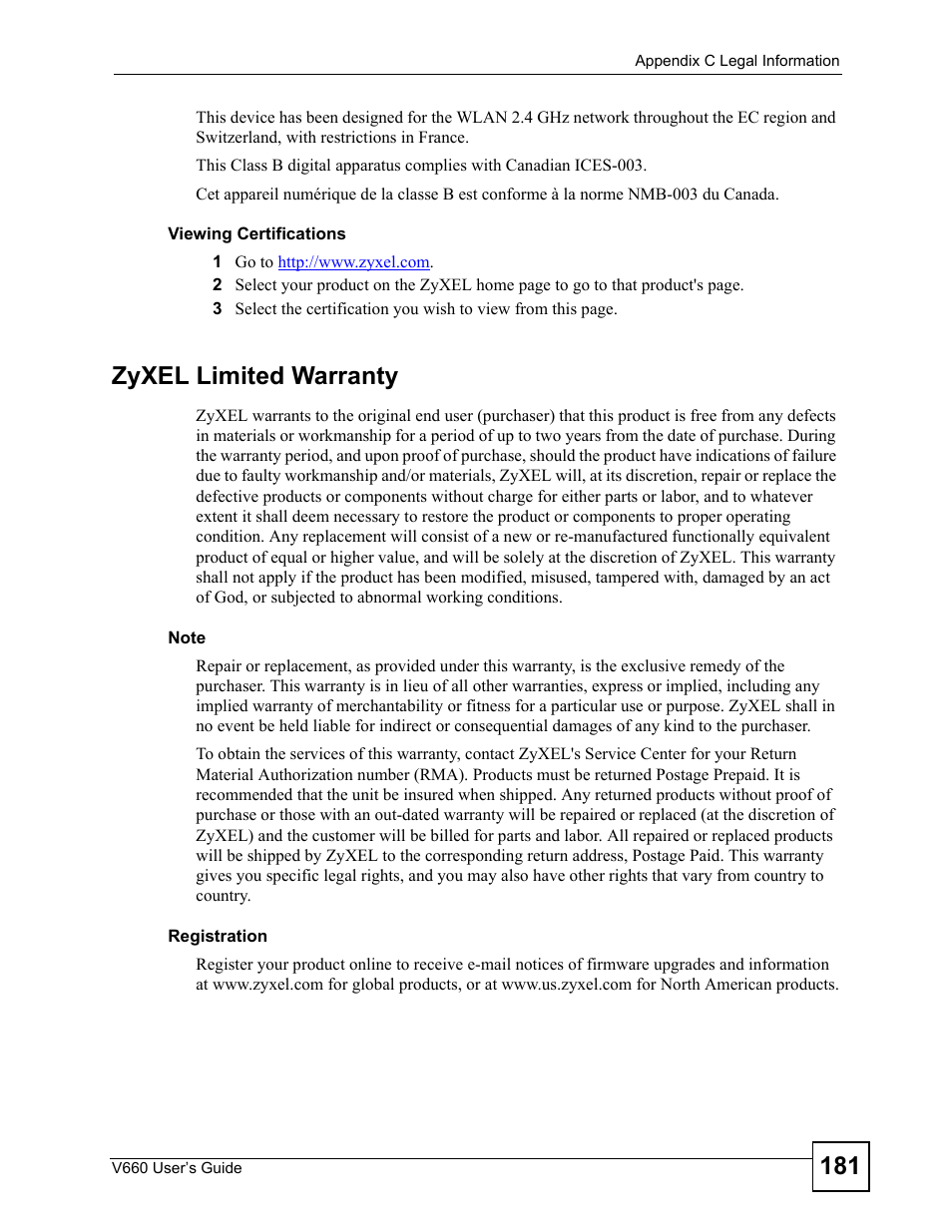 Zyxel limited warranty | ZyXEL Communications V660 User Manual | Page 181 / 192