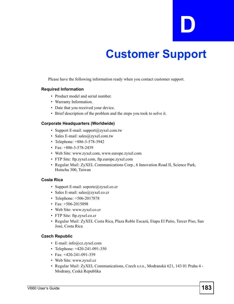 Customer support, Appendix d customer support, Customer support (183) | ZyXEL Communications V660 User Manual | Page 183 / 192