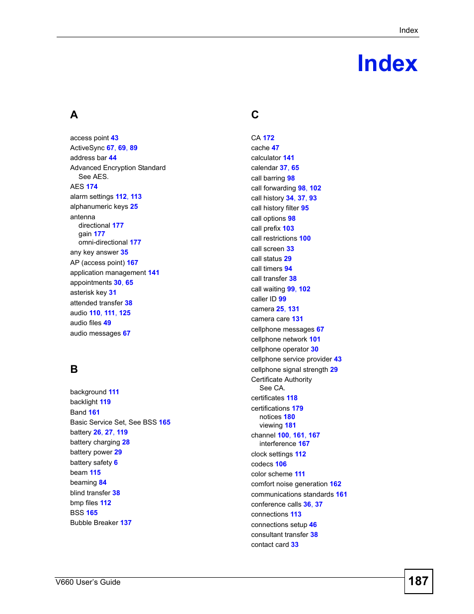 Index, Index (187) | ZyXEL Communications V660 User Manual | Page 187 / 192