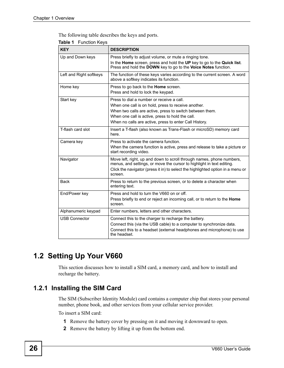 2 setting up your v660, 1 installing the sim card, Table 1 function keys | ZyXEL Communications V660 User Manual | Page 26 / 192