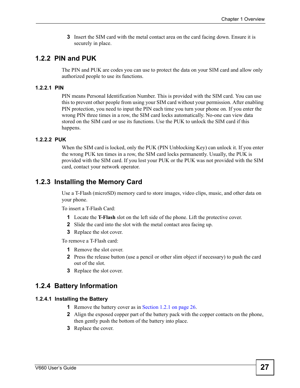 2 pin and puk, 3 installing the memory card, 4 battery information | ZyXEL Communications V660 User Manual | Page 27 / 192