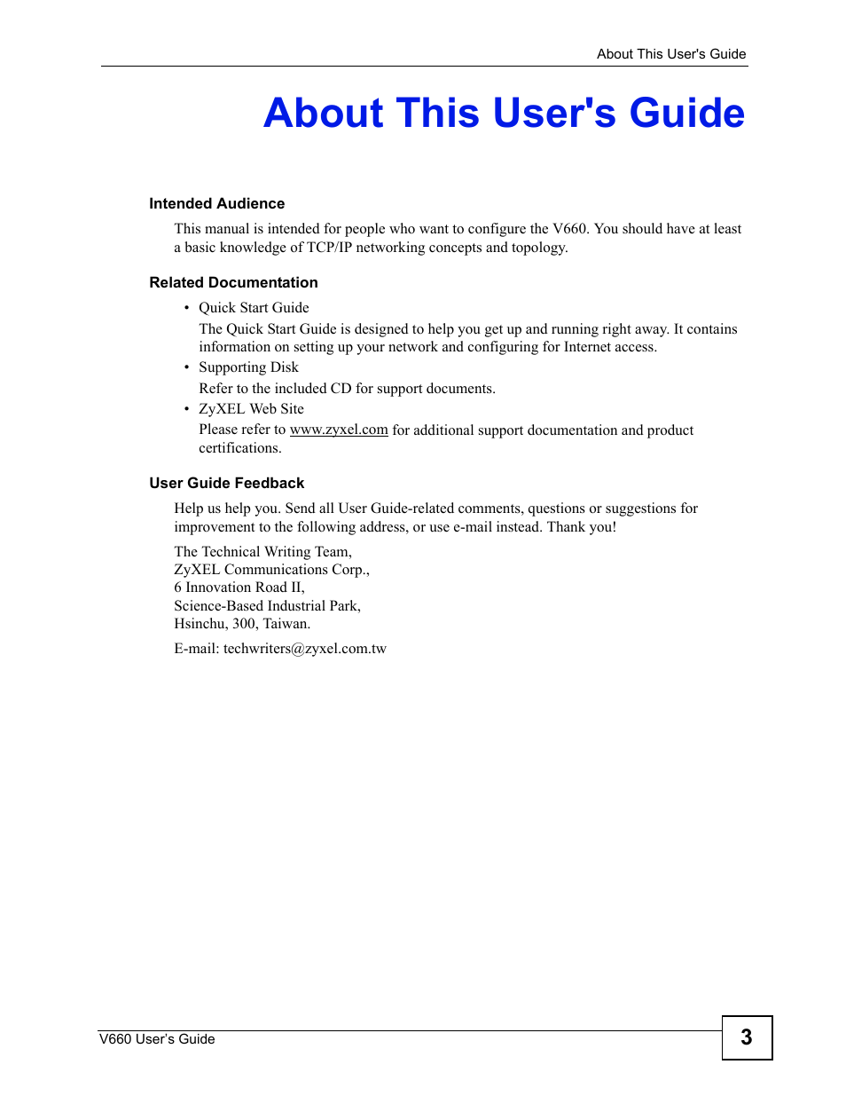 About this user's guide | ZyXEL Communications V660 User Manual | Page 3 / 192