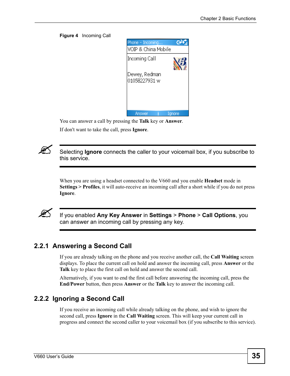 1 answering a second call, 2 ignoring a second call, Figure 4 incoming call | ZyXEL Communications V660 User Manual | Page 35 / 192