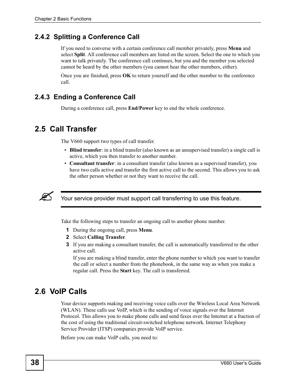 2 splitting a conference call, 3 ending a conference call, 5 call transfer | 6 voip calls, 5 call transfer 2.6 voip calls | ZyXEL Communications V660 User Manual | Page 38 / 192