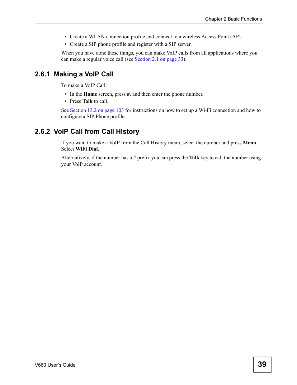 1 making a voip call, 2 voip call from call history | ZyXEL Communications V660 User Manual | Page 39 / 192