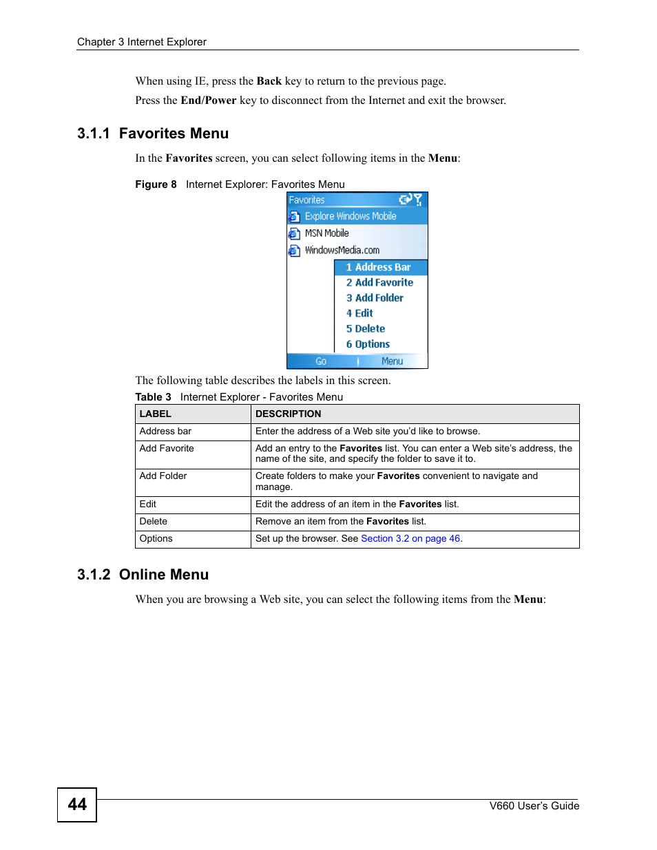 1 favorites menu, 2 online menu, 1 favorites menu 3.1.2 online menu | Figure 8 internet explorer: favorites menu, Table 3 internet explorer - favorites menu | ZyXEL Communications V660 User Manual | Page 44 / 192