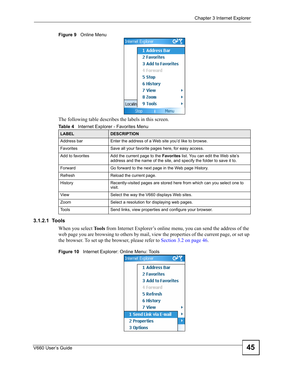 Table 4 internet explorer - favorites menu | ZyXEL Communications V660 User Manual | Page 45 / 192