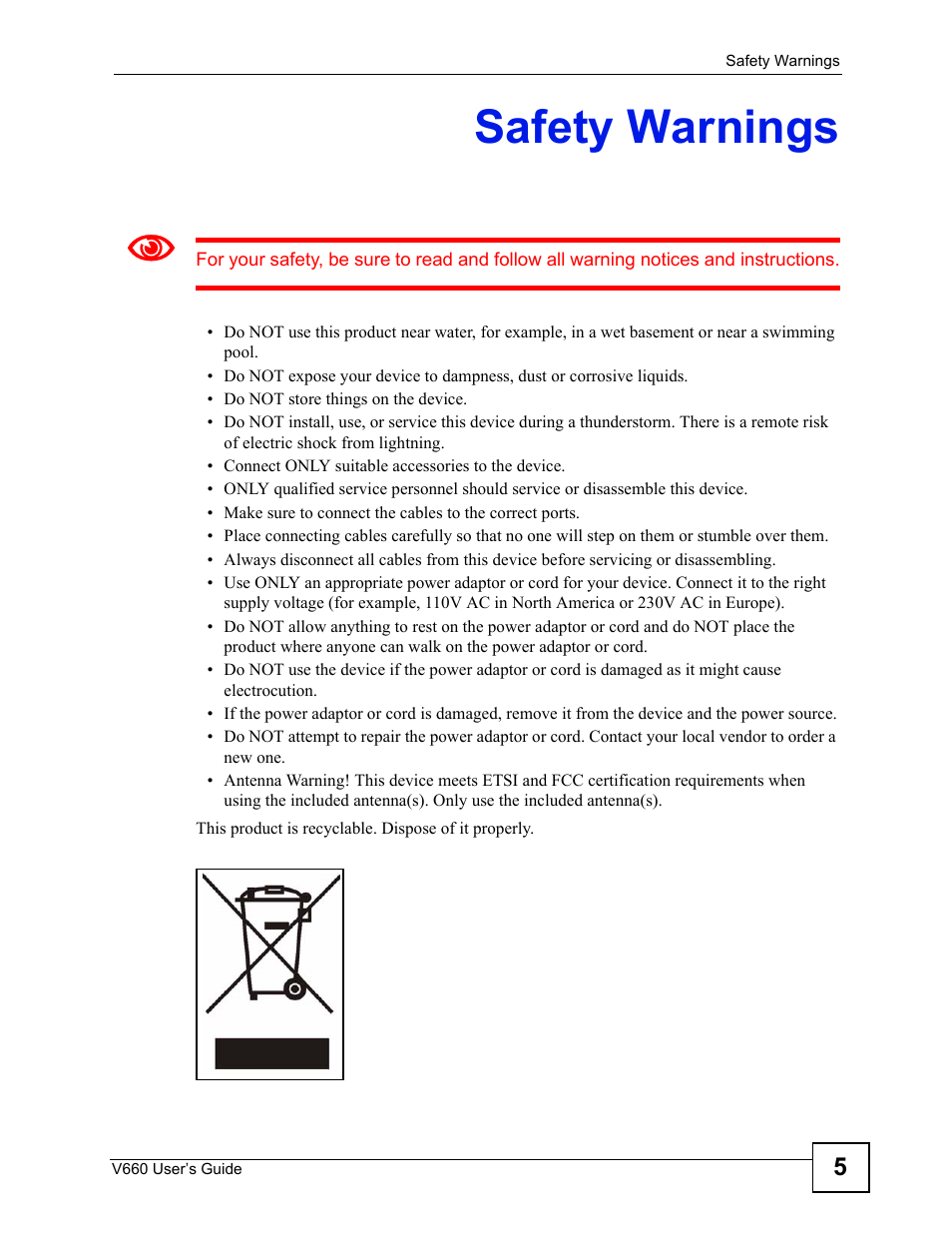 Safety warnings | ZyXEL Communications V660 User Manual | Page 5 / 192