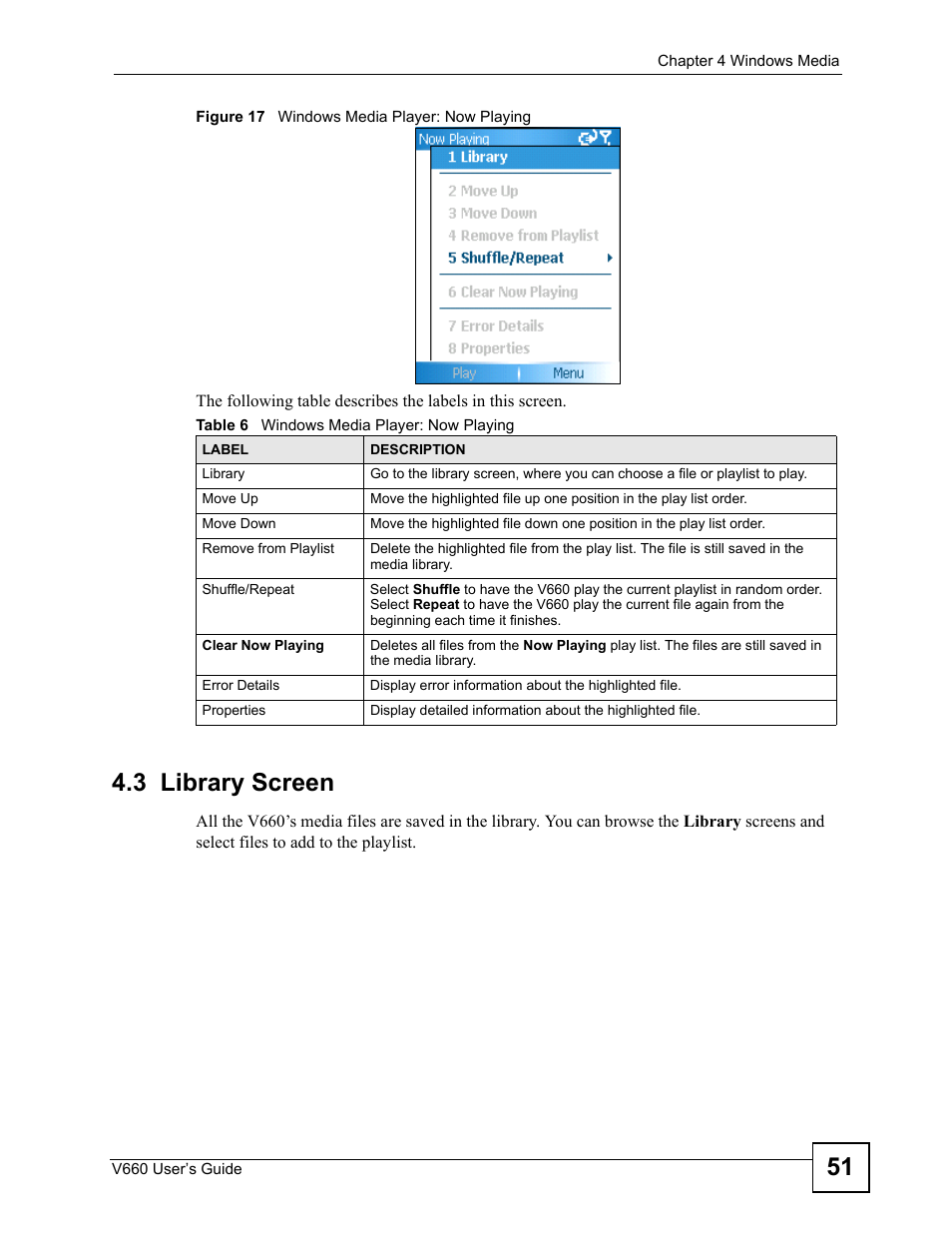 3 library screen, Figure 17 windows media player: now playing, Table 6 windows media player: now playing | ZyXEL Communications V660 User Manual | Page 51 / 192