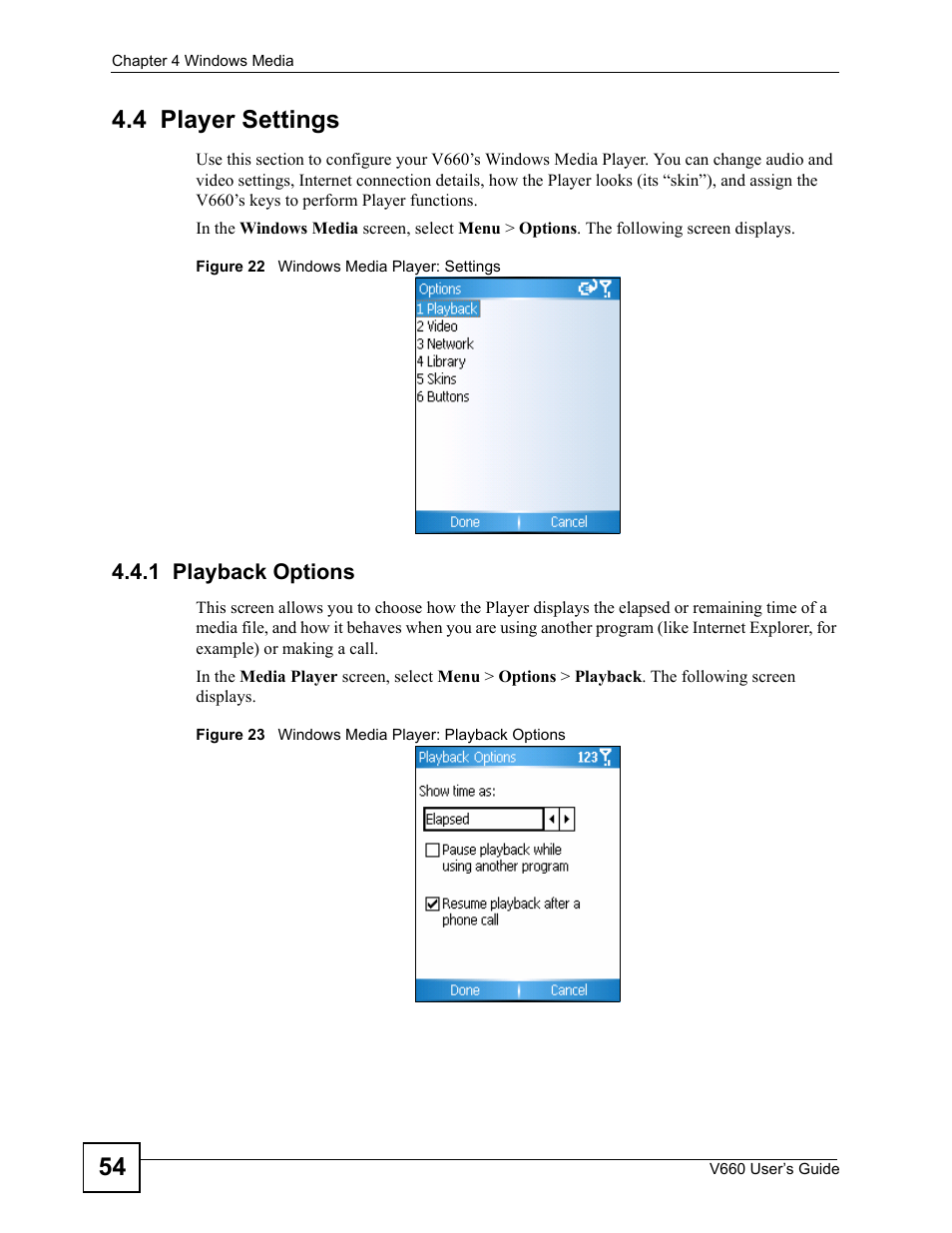 4 player settings, 1 playback options, 54 4.4 player settings | ZyXEL Communications V660 User Manual | Page 54 / 192