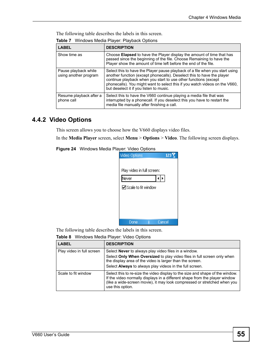 2 video options, Figure 24 windows media player: video options | ZyXEL Communications V660 User Manual | Page 55 / 192