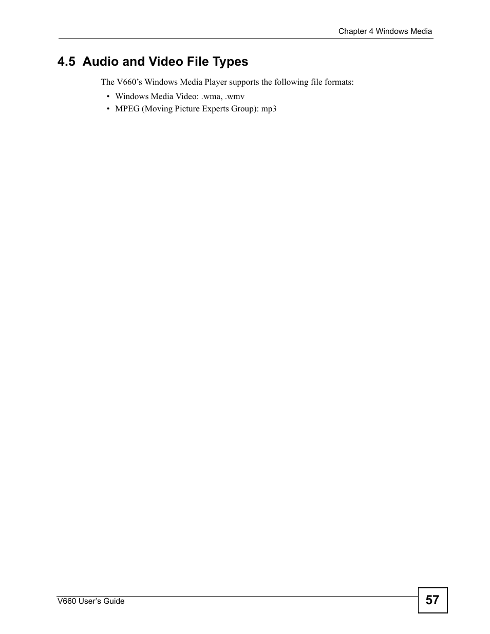 5 audio and video file types, 57 4.5 audio and video file types | ZyXEL Communications V660 User Manual | Page 57 / 192