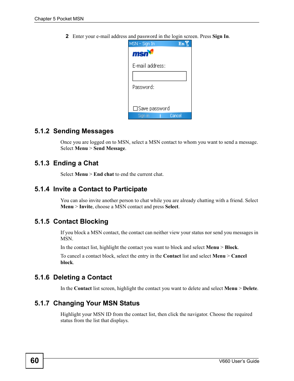2 sending messages, 3 ending a chat, 4 invite a contact to participate | 5 contact blocking, 6 deleting a contact, 7 changing your msn status | ZyXEL Communications V660 User Manual | Page 60 / 192