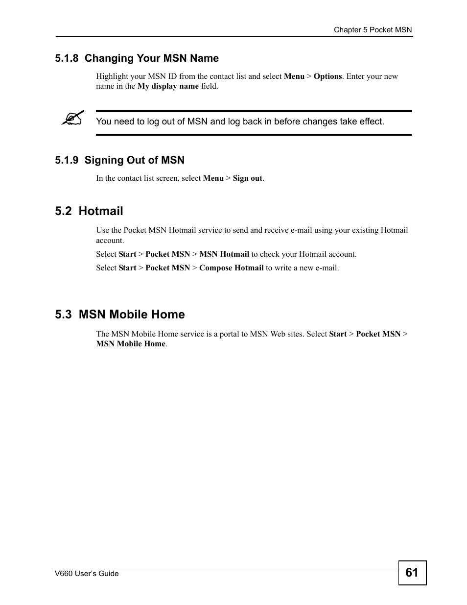 8 changing your msn name, 9 signing out of msn, 2 hotmail | 3 msn mobile home, 8 changing your msn name 5.1.9 signing out of msn, 2 hotmail 5.3 msn mobile home | ZyXEL Communications V660 User Manual | Page 61 / 192