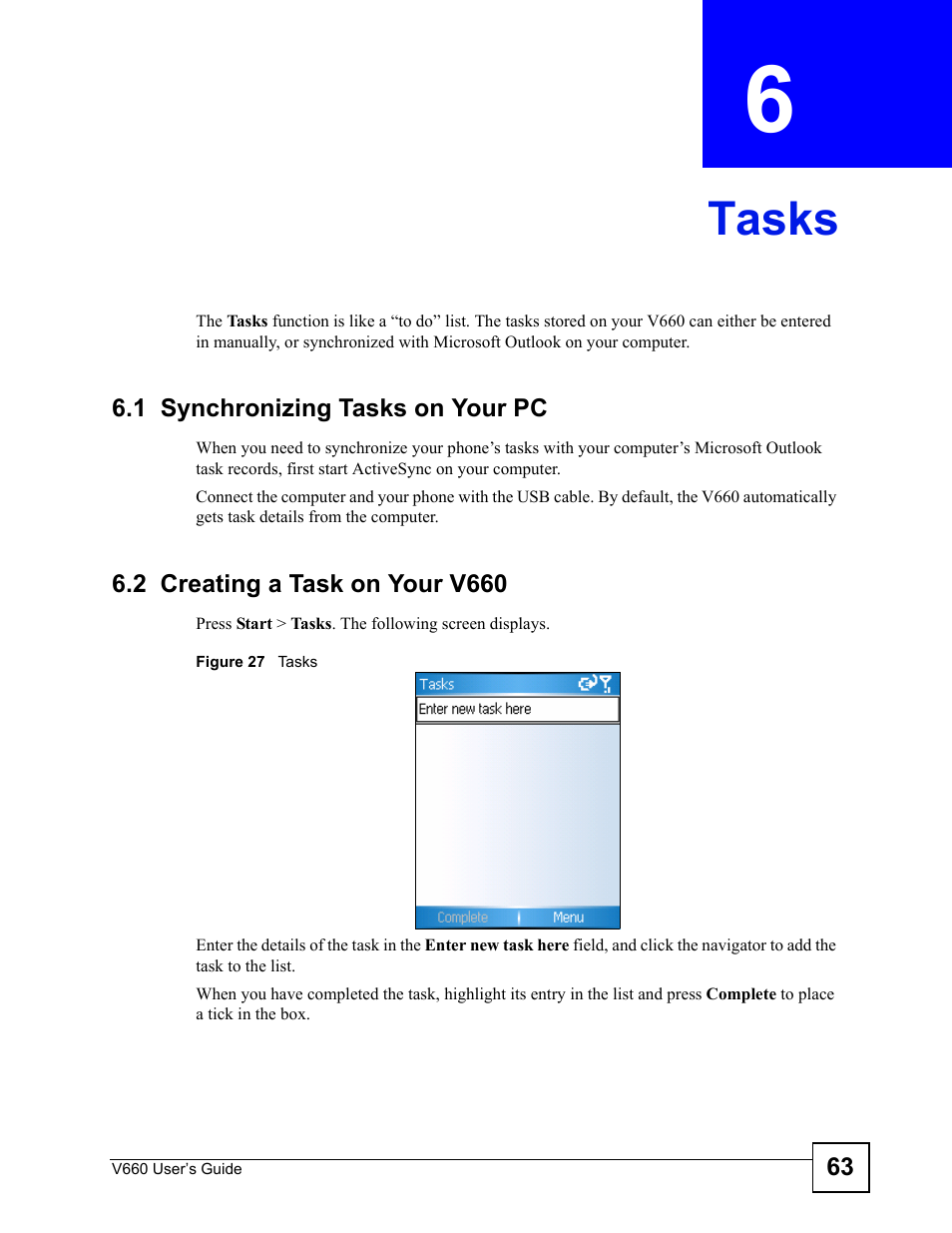 Tasks, 1 synchronizing tasks on your pc, 2 creating a task on your v660 | Chapter 6 tasks, Figure 27 tasks, Tasks (63) | ZyXEL Communications V660 User Manual | Page 63 / 192