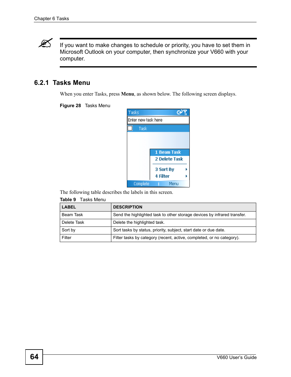 1 tasks menu, Figure 28 tasks menu, Table 9 tasks menu | ZyXEL Communications V660 User Manual | Page 64 / 192