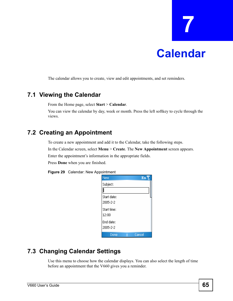 Calendar, 1 viewing the calendar, 2 creating an appointment | 3 changing calendar settings, Chapter 7 calendar, Figure 29 calendar: new appointment, Calendar (65) | ZyXEL Communications V660 User Manual | Page 65 / 192