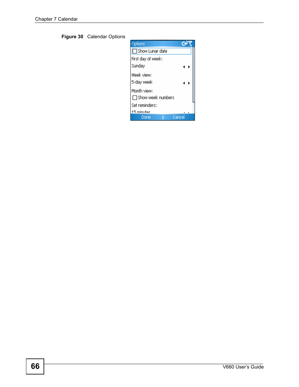 Figure 30 calendar options | ZyXEL Communications V660 User Manual | Page 66 / 192