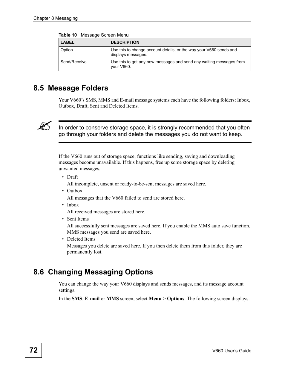 5 message folders, 6 changing messaging options, 5 message folders 8.6 changing messaging options | 72 8.5 message folders | ZyXEL Communications V660 User Manual | Page 72 / 192