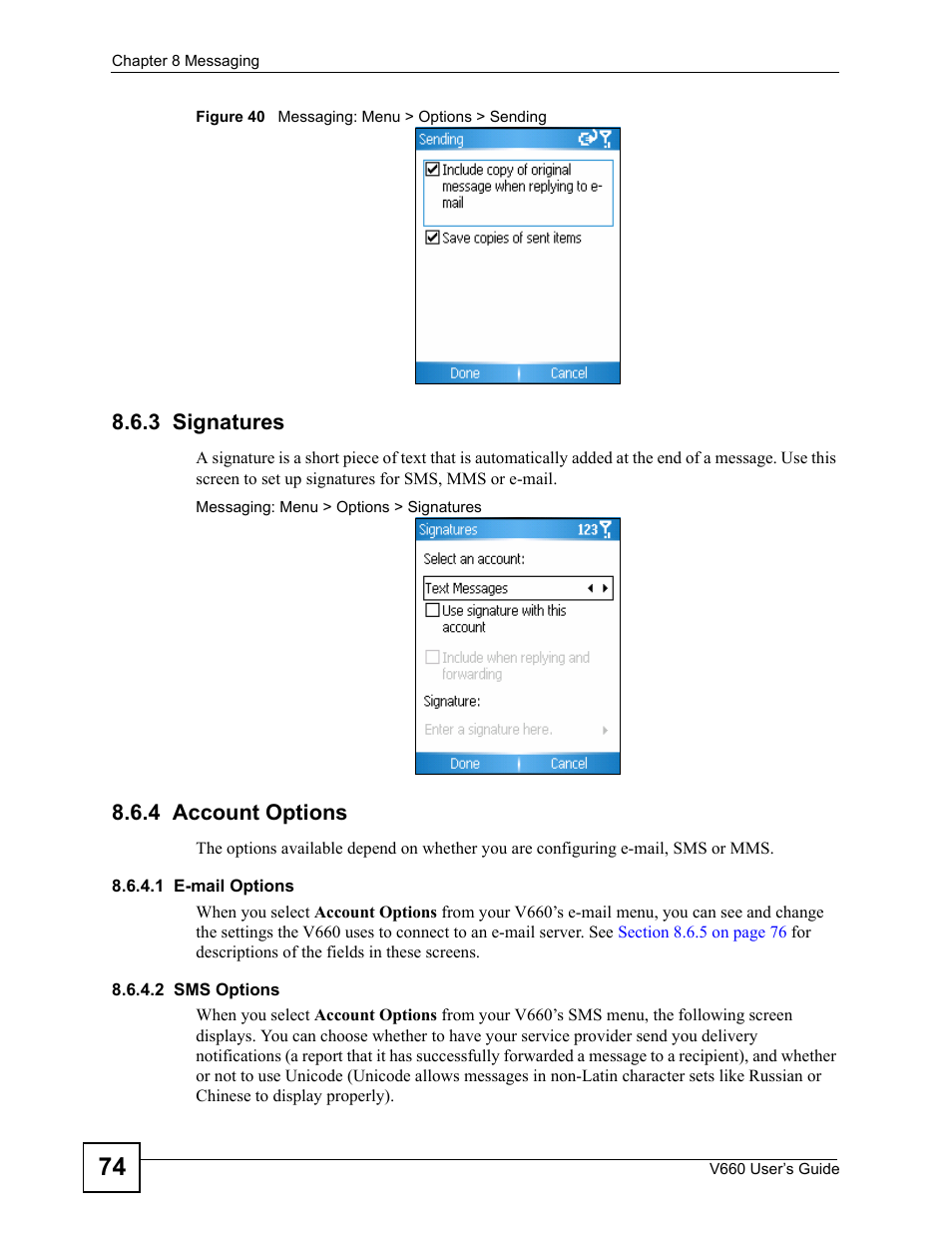 3 signatures, 4 account options, 3 signatures 8.6.4 account options | Figure 40 messaging: menu > options > sending | ZyXEL Communications V660 User Manual | Page 74 / 192