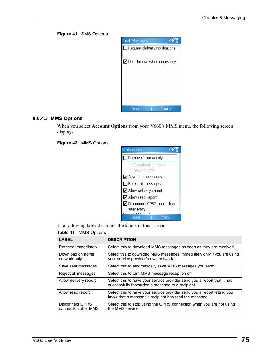 Figure 41 sms options figure 42 mms options, Table 11 mms options | ZyXEL Communications V660 User Manual | Page 75 / 192