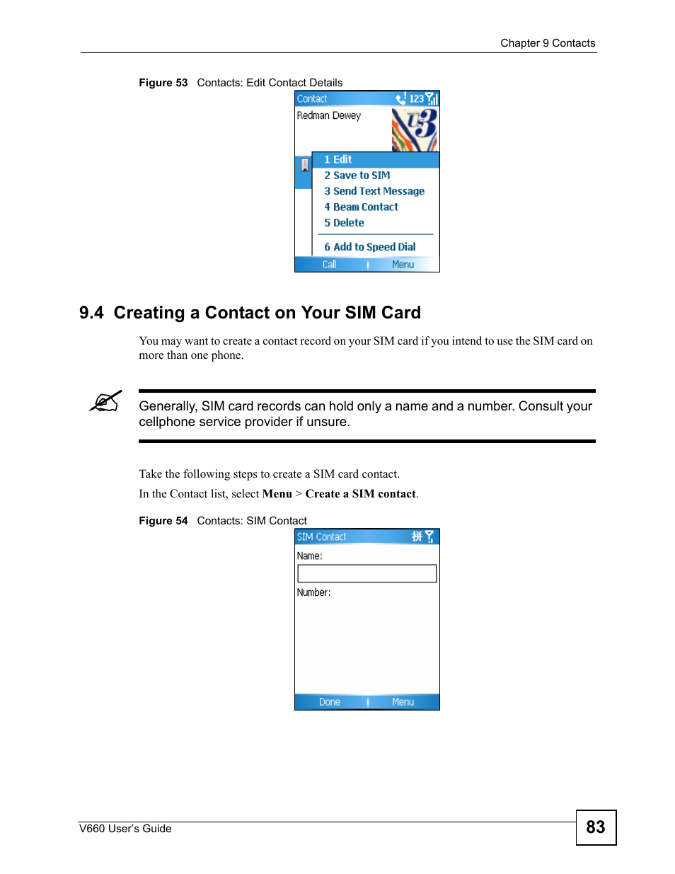 4 creating a contact on your sim card | ZyXEL Communications V660 User Manual | Page 83 / 192