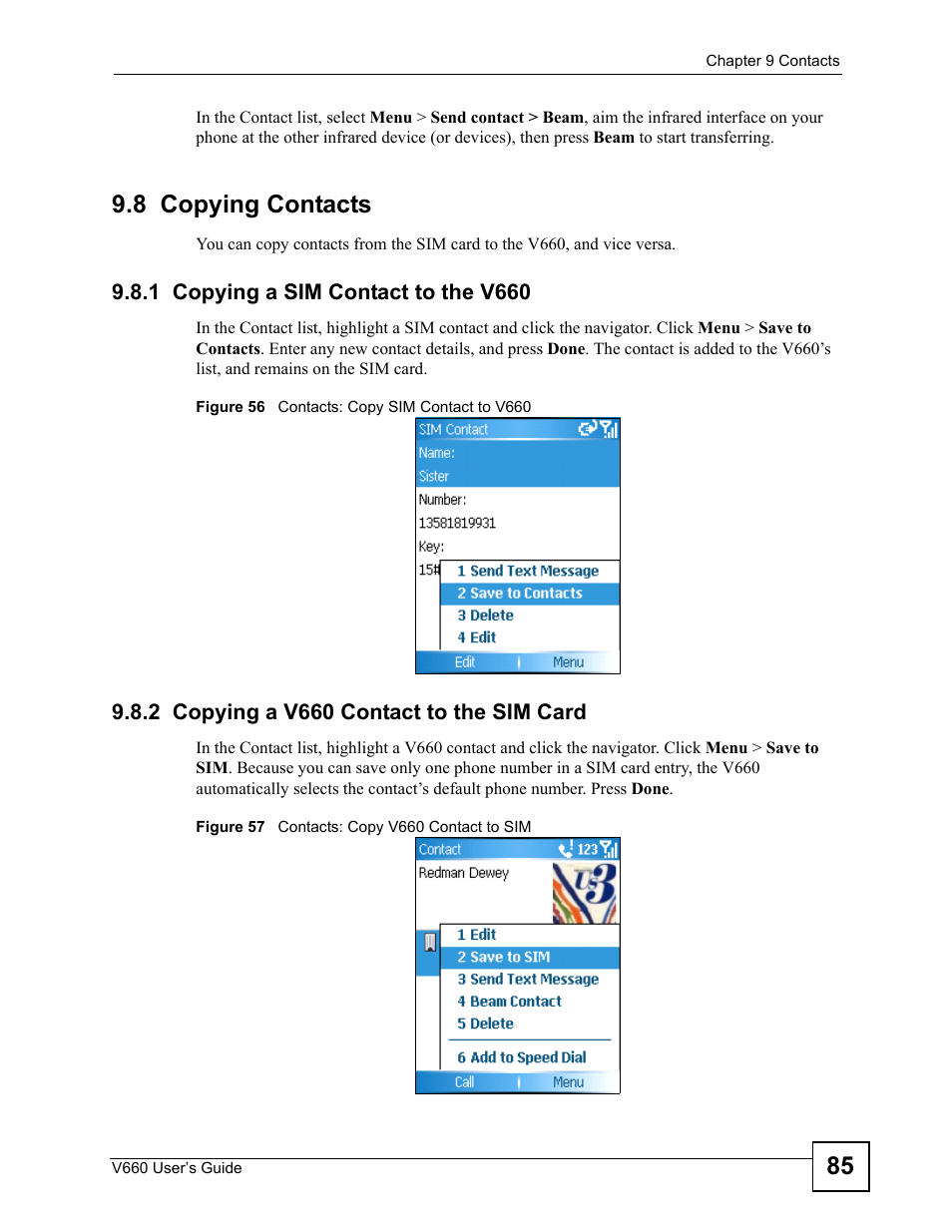 8 copying contacts, 1 copying a sim contact to the v660, 2 copying a v660 contact to the sim card | ZyXEL Communications V660 User Manual | Page 85 / 192
