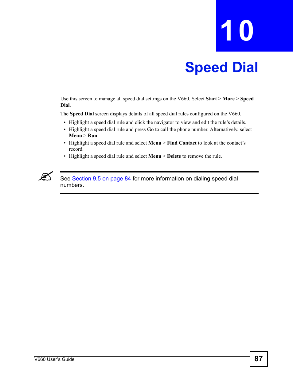 Speed dial, Chapter 10 speed dial, Speed dial (87) | ZyXEL Communications V660 User Manual | Page 87 / 192