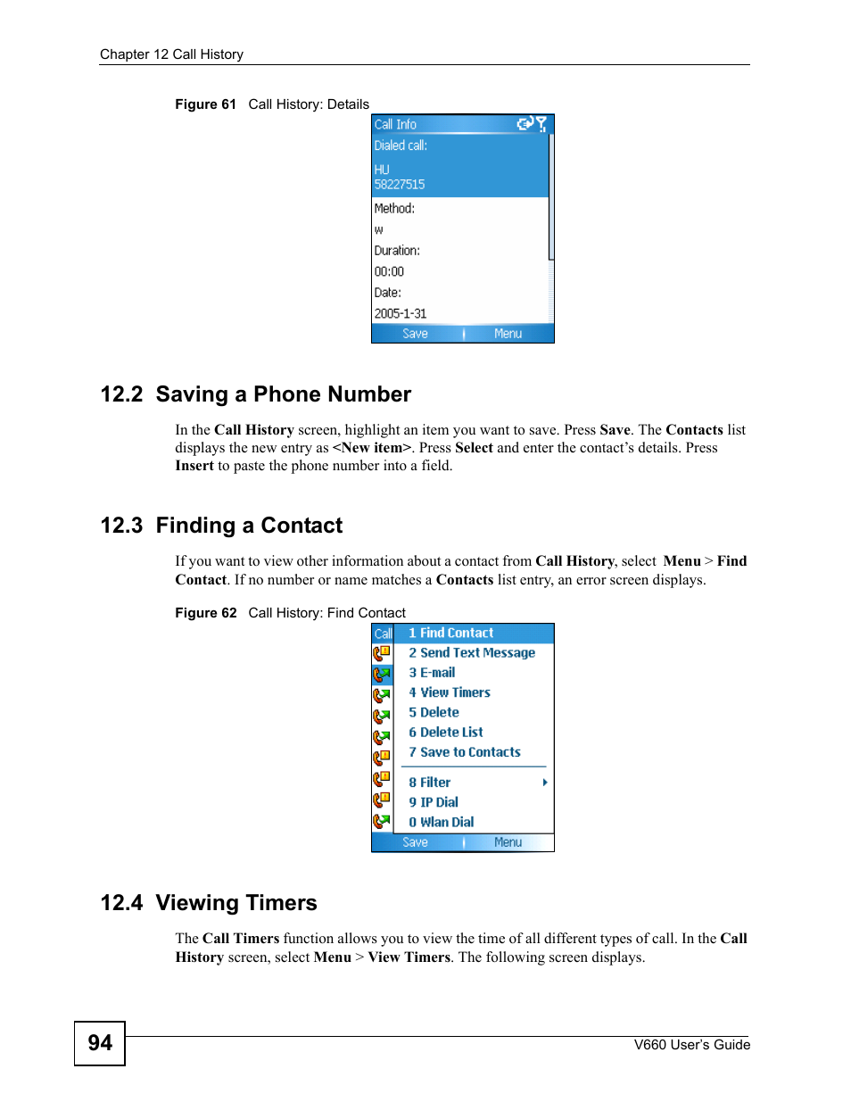 2 saving a phone number, 3 finding a contact, 4 viewing timers | ZyXEL Communications V660 User Manual | Page 94 / 192