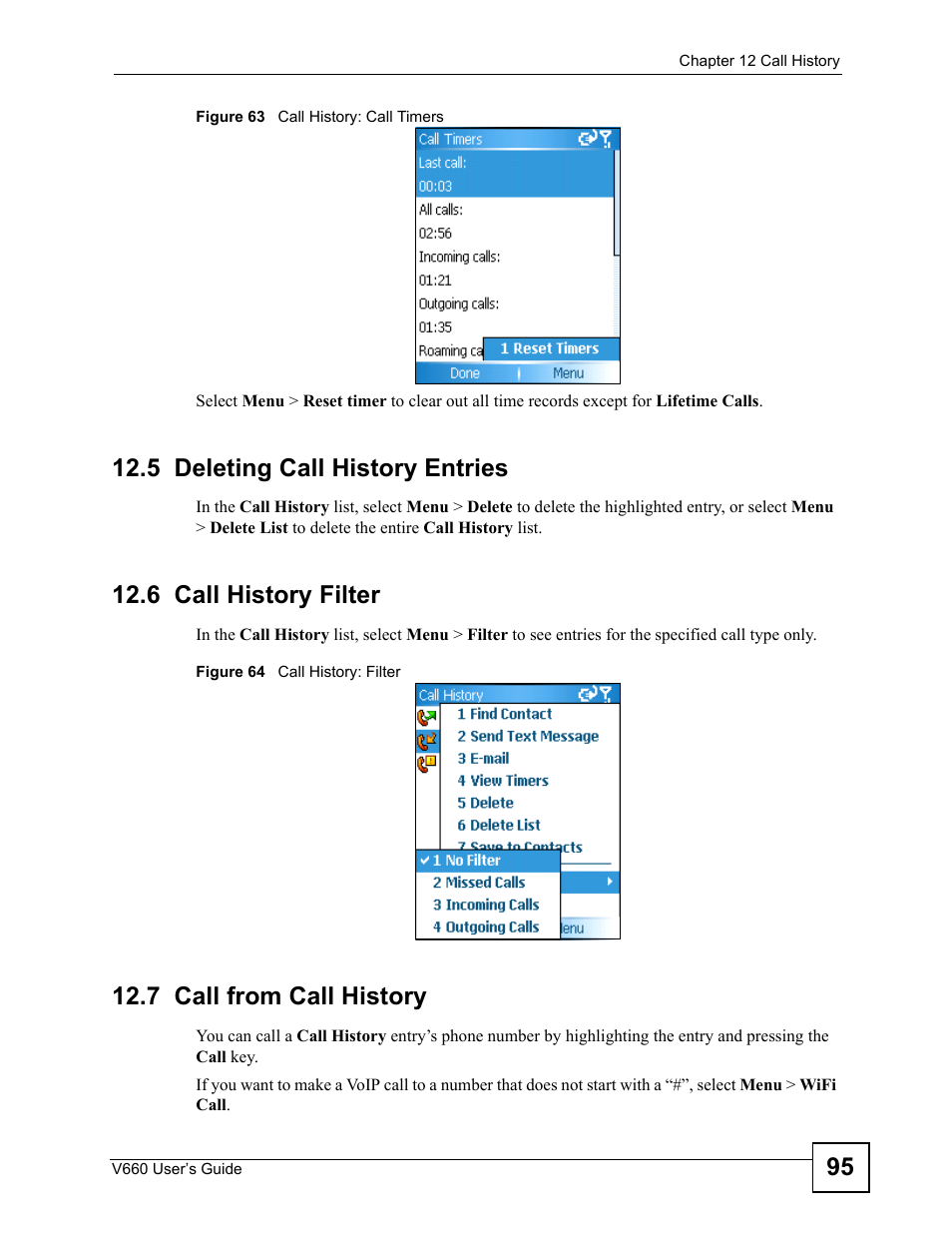 5 deleting call history entries, 6 call history filter, 7 call from call history | ZyXEL Communications V660 User Manual | Page 95 / 192