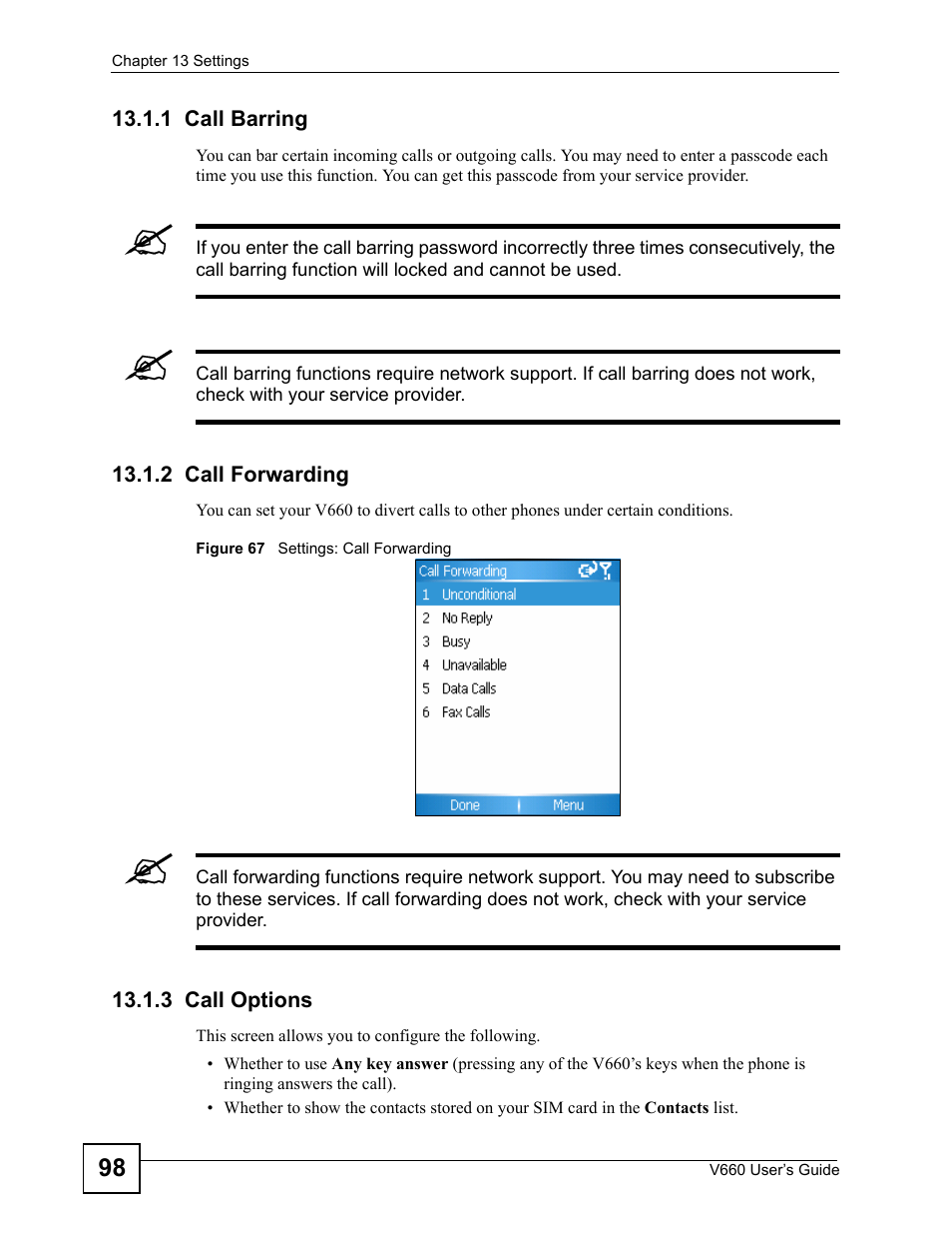 1 call barring, 2 call forwarding, 3 call options | Figure 67 settings: call forwarding | ZyXEL Communications V660 User Manual | Page 98 / 192