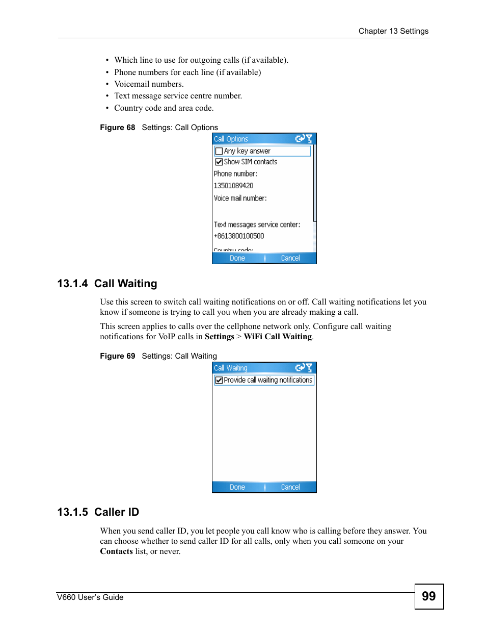 4 call waiting, 5 caller id, 4 call waiting 13.1.5 caller id | ZyXEL Communications V660 User Manual | Page 99 / 192