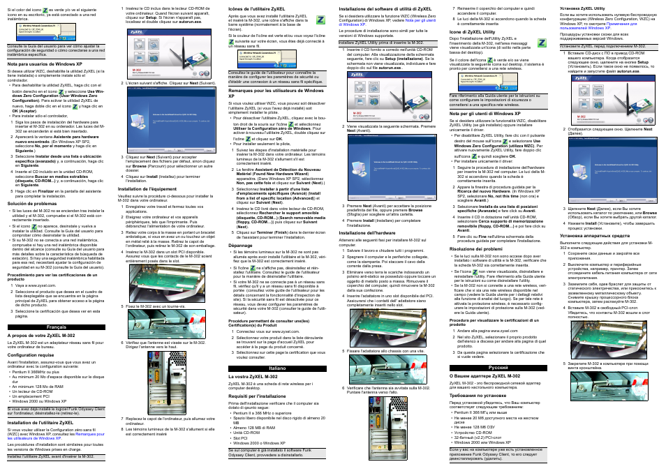Nota para usuarios de windows xp, Solución de problemas, Français | A propos de votre zyxel m-302, Configuration requise, Installation de l'utilitaire zyxel, Installation de l'équipement, Icônes de l'utilitaire zyxel, Remarques pour les utilisateurs de windows xp, Dèpannage | ZyXEL Communications M-302 User Manual | Page 2 / 3