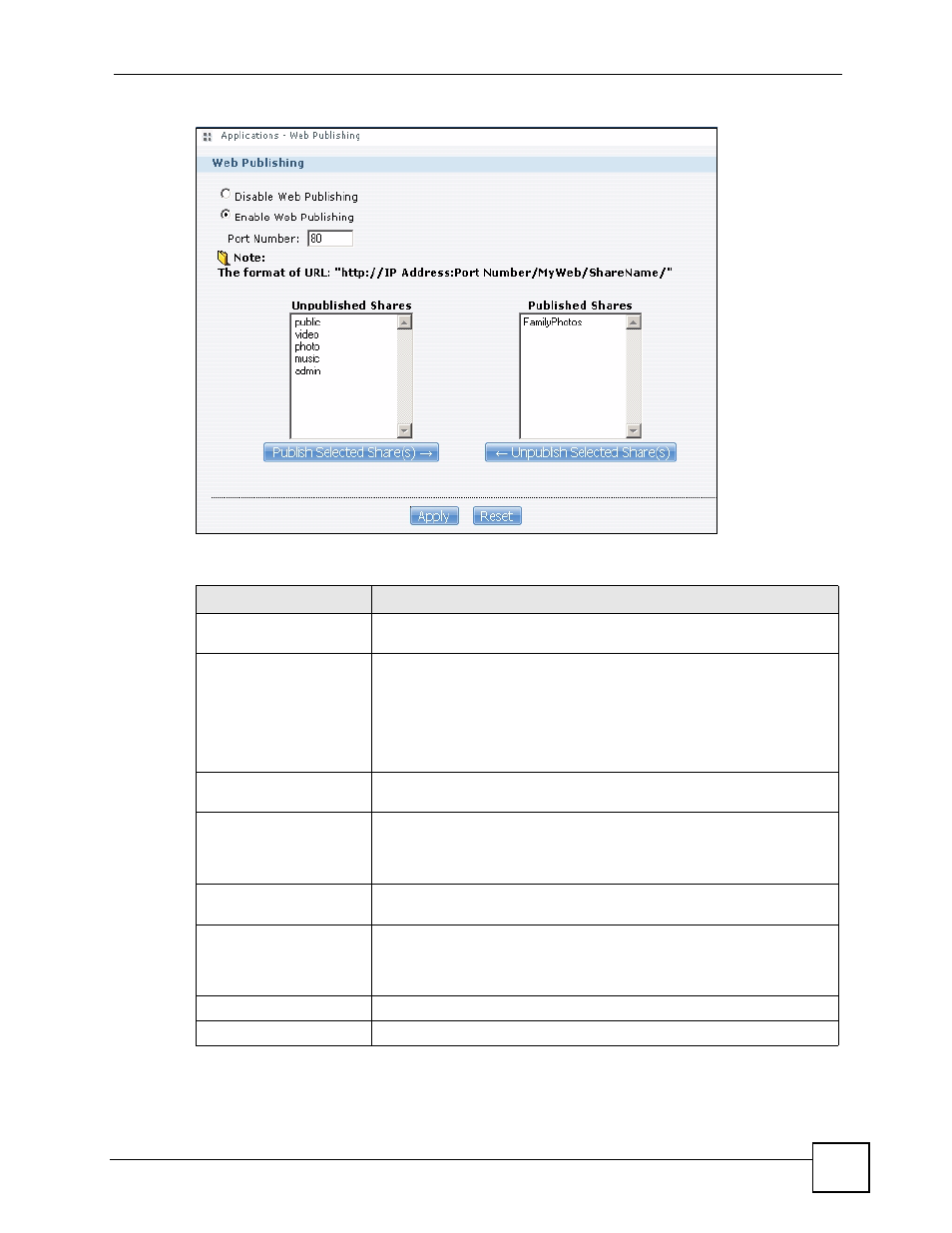 Figure 75 applications > web publishing, Table 29 applications > web publishing | ZyXEL Communications NSA-220 User Manual | Page 103 / 234