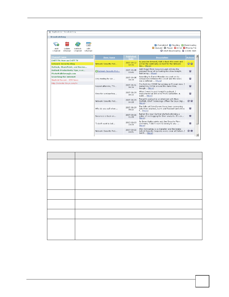 Figure 79 applications > broadcatching, Table 30 applications > broadcatching | ZyXEL Communications NSA-220 User Manual | Page 107 / 234