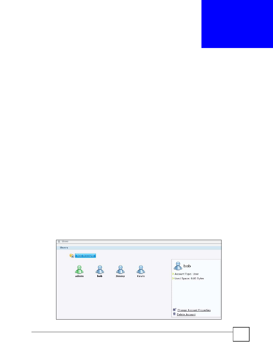 Users, 1 user accounts introduction, 2 users overview screen | Chapter 9 users, Figure 84 users | ZyXEL Communications NSA-220 User Manual | Page 115 / 234