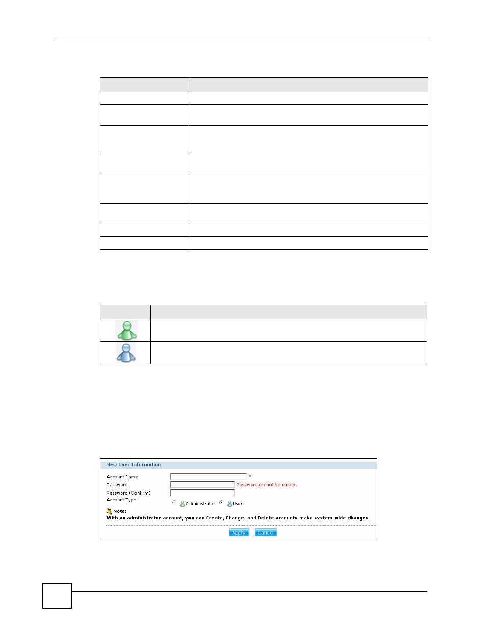 1 user icons, 3 adding or editing an account, Figure 85 users > add or edit an account | Table 34 users, Table 35 user icons | ZyXEL Communications NSA-220 User Manual | Page 116 / 234