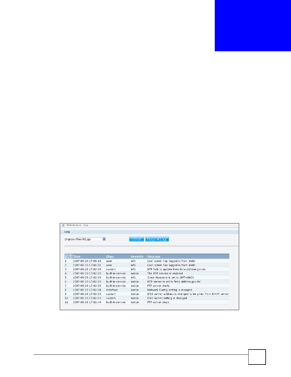 Maintenance screens, 1 maintenance overview, 2 log | Chapter 11 maintenance screens, Figure 90 maintenance > log | ZyXEL Communications NSA-220 User Manual | Page 127 / 234