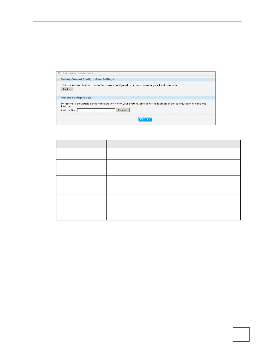 6 configuration, 7 firmware upgrade, Figure 91 maintenance > configuration | Table 46 maintenance > configuration | ZyXEL Communications NSA-220 User Manual | Page 131 / 234