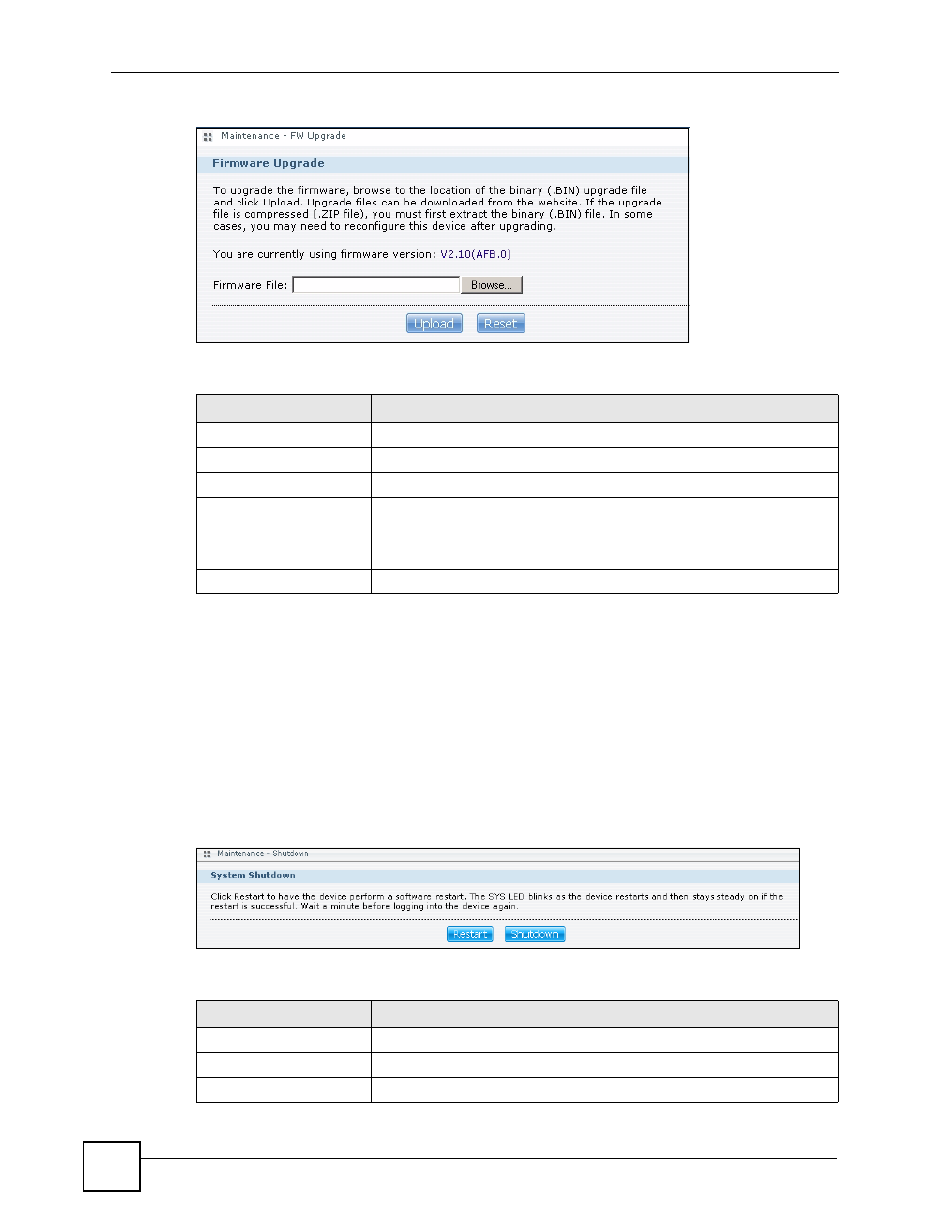 8 shutdown, Figure 92 maintenance > fw upgrade, Figure 93 maintenance > shutdown | Table 47 maintenance > fw upgrade, Table 48 maintenance > shutdown | ZyXEL Communications NSA-220 User Manual | Page 132 / 234