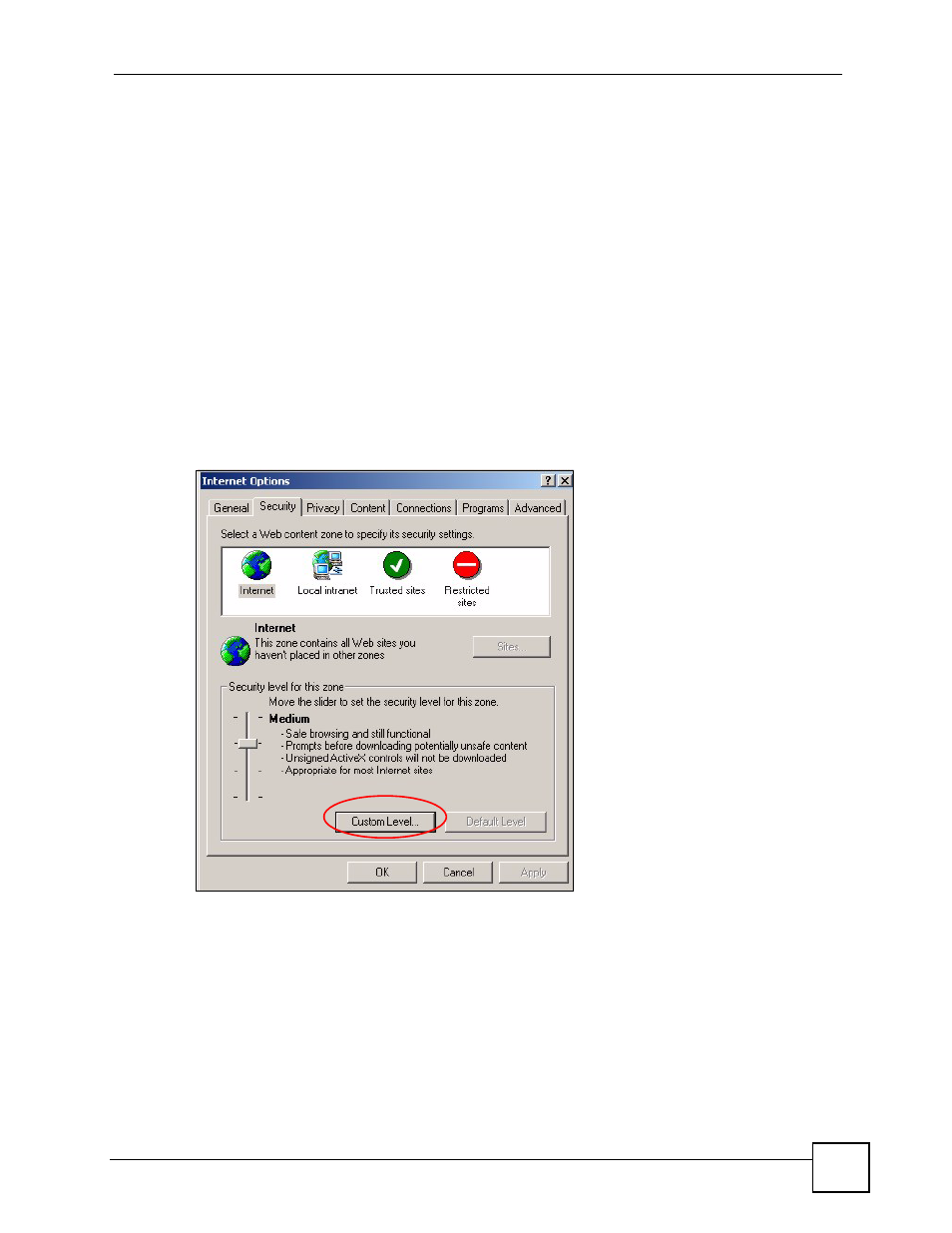 2 enabling scripting of safe activex controls, Figure 96 internet options: security | ZyXEL Communications NSA-220 User Manual | Page 147 / 234
