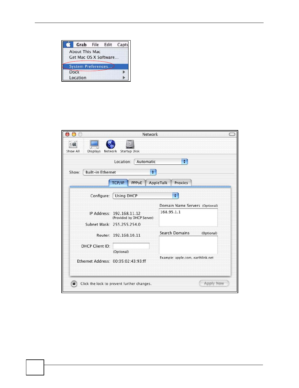 Figure 110 macintosh os x: apple menu, Figure 111 macintosh os x: network | ZyXEL Communications NSA-220 User Manual | Page 174 / 234