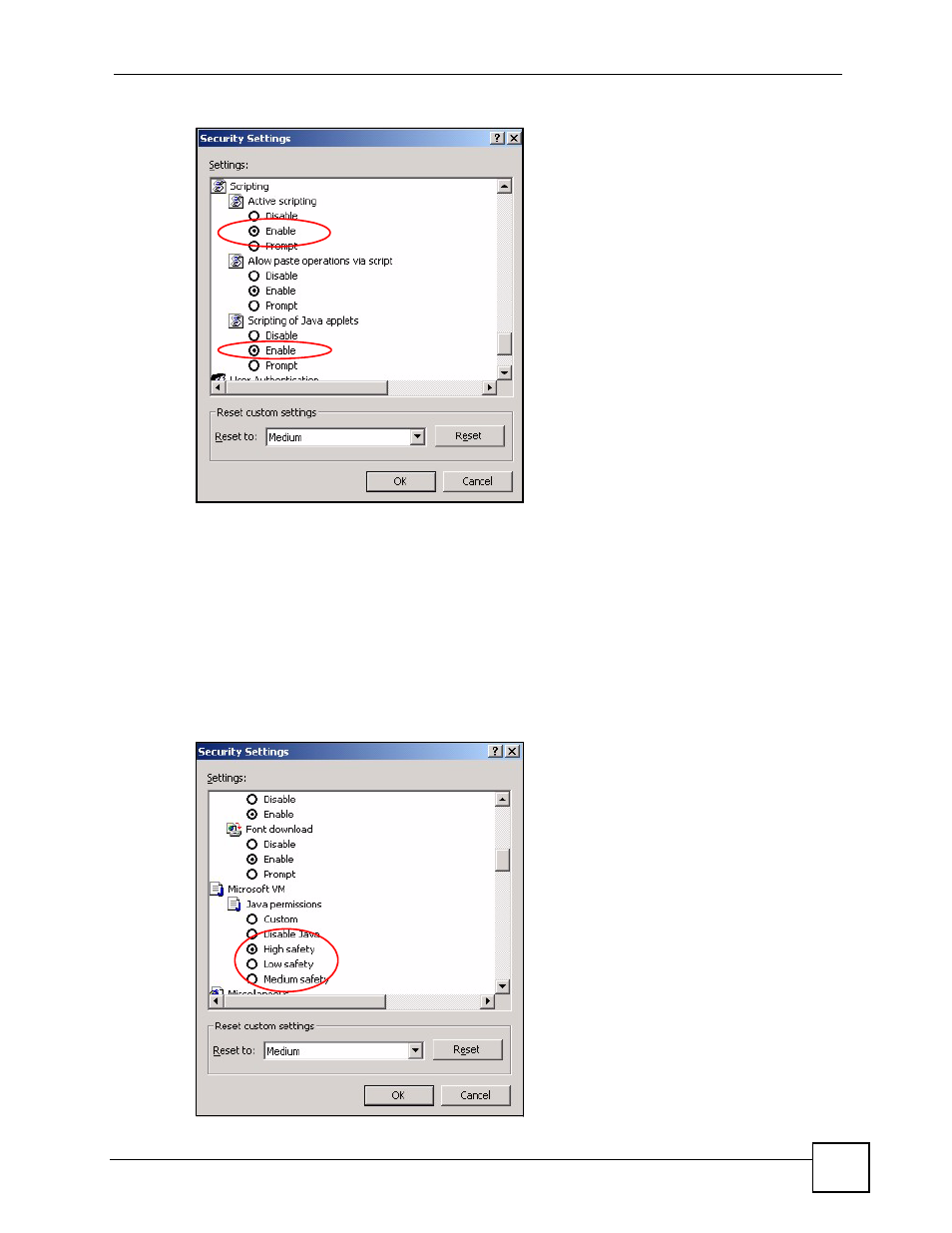 Figure 126 security settings - java scripting, Figure 127 security settings - java, Java permissions | ZyXEL Communications NSA-220 User Manual | Page 183 / 234