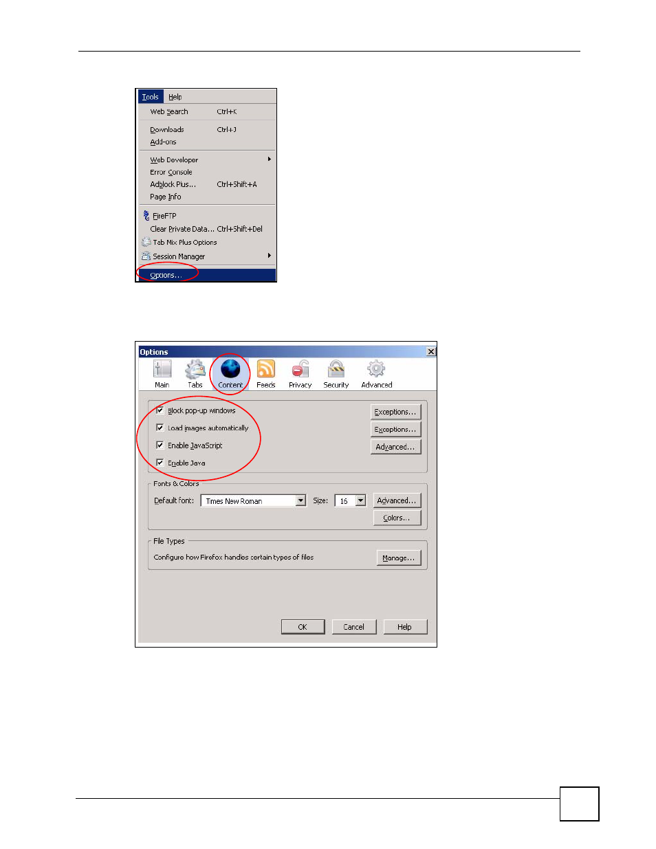Figure 129 mozilla firefox: tools > options, Figure 130 mozilla firefox content security | ZyXEL Communications NSA-220 User Manual | Page 185 / 234