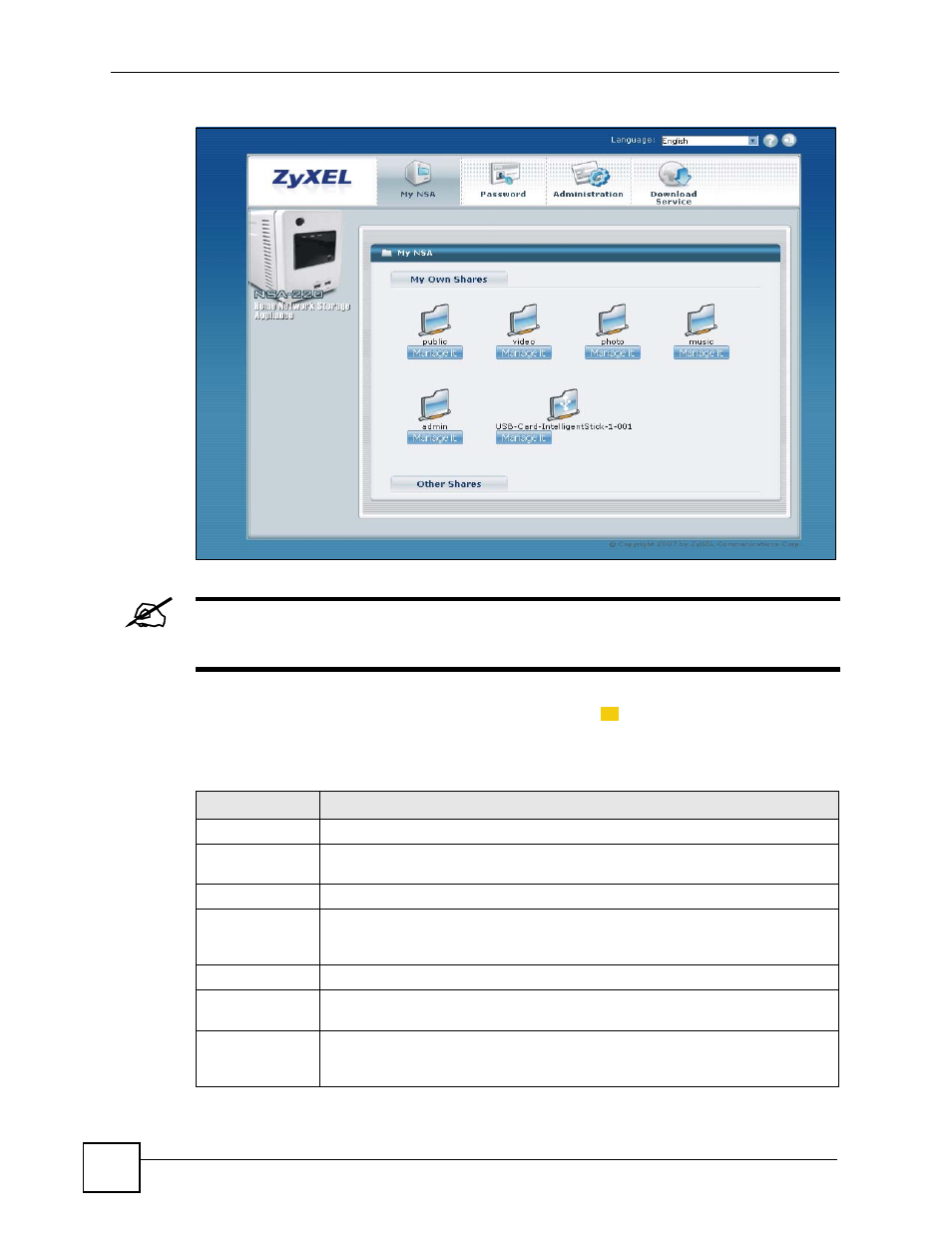 Figure 8 my nsa, Table 2 user-level global labels and icons | ZyXEL Communications NSA-220 User Manual | Page 32 / 234