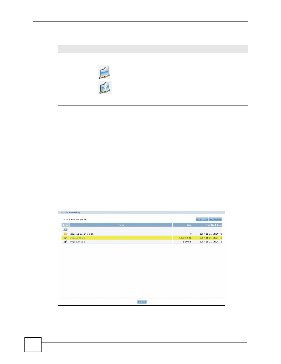 1 my nsa share browsing screen, Figure 10 my nsa share browsing, Table 3 my nsa | ZyXEL Communications NSA-220 User Manual | Page 34 / 234