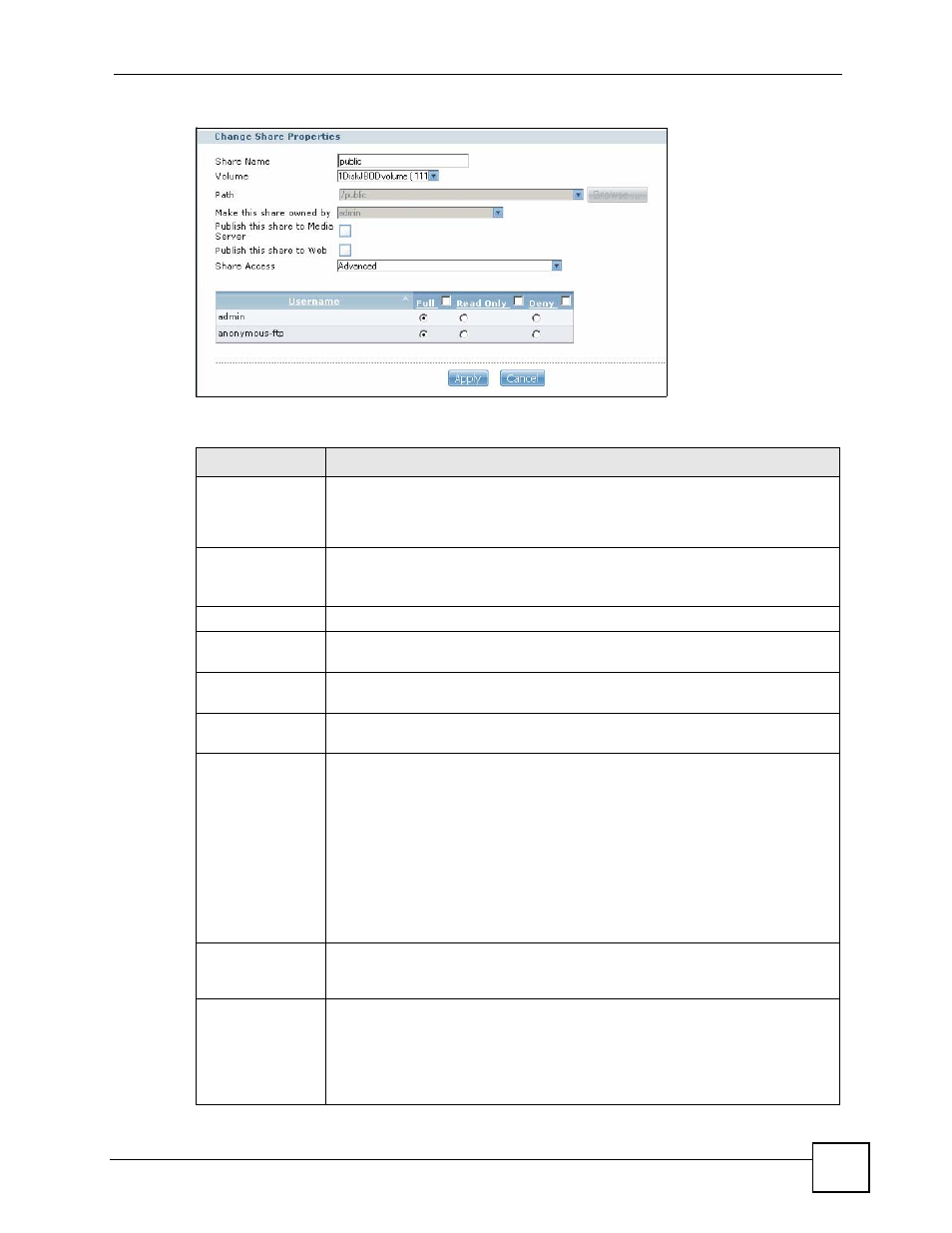 Figure 13 my nsa change share properties, Table 7 my nsa change share properties | ZyXEL Communications NSA-220 User Manual | Page 37 / 234