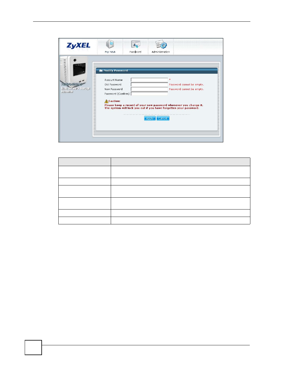 6 administration screens, Figure 14 password, Table 8 password | ZyXEL Communications NSA-220 User Manual | Page 40 / 234