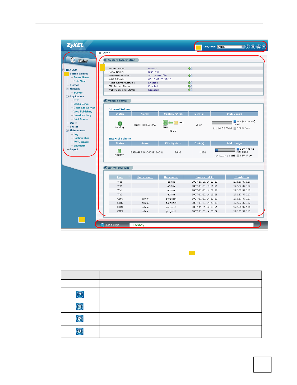 1 global administration icons, Figure 15 status, Table 9 global labels and icons | ZyXEL Communications NSA-220 User Manual | Page 41 / 234